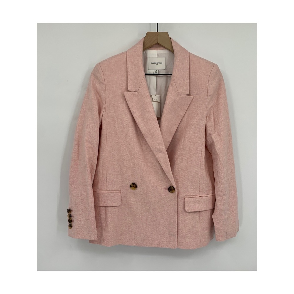 Banana Republic Blazer 4 Petite Pink Linen Herringbone Double Breasted NEW